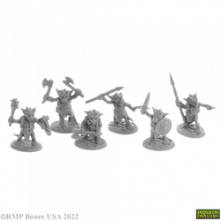 A pack of 6 Ratpelt Kobold Mooks from the Bones USA Dungeons Dwellers range by Reaper Miniatures. This pack contains six plastic Kobolds in various poses holding various weapons including axes, mace and spearsA pack of 6 Ratpelt Kobold Mooks from the Bones USA Dungeons Dwellers range by Reaper Miniatures. This pack contains six plastic Kobolds in various poses holding various weapons including axes, mace and spears