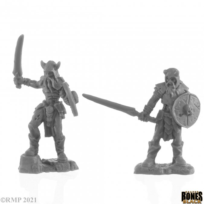 A pack of two Rune Wight Warriors from the Reaper Miniatures Bones Black range, both holding shields and swords and wearing helmets