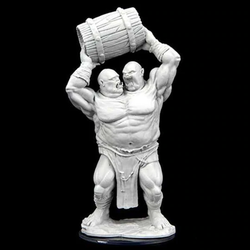 Ettin unpainted miniatures by Wizkids as part of their wave 2 Critical Role range for Dungeons and Dragons, a two headed Ettin holding a barrel above its head. 