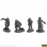 vA pack of 4 Zombies from the Bones USA Dungeons Dwellers range by Reaper Miniatures. This pack contains four plastic zombies both male and female in various poses of typical undead shambling dressed in peasant style clothing from the middles ages