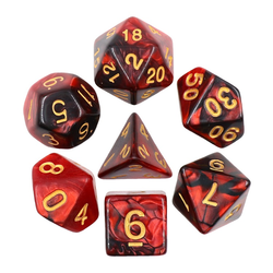 Pearlescent black red RPG D20 dice set. Elemental two-tone dice in a shimmering black and red with gold numbers 