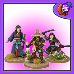 Bad Squiddo Games metal gaming figures. Three female fighters wielding katanas in various poses. 