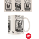 Sirius Black Wanted Heat Change Mug. This great is a light grey colour with the words 'Have You Seen This Wizard?', when you add a hot liquid inside the mug the image of Sirius Black appears as shown in this image 