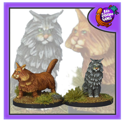Freyja's Wildcats by Bad Squiddo Games miniatures depicting large fluffy wildcats, each cat comes as one piece and one is walking with its tail in the air and the other is sat up straight 