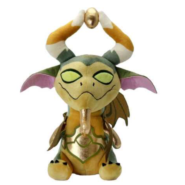 A wonderful Magic the Gathering plush representing Nicol Bolas Phunny a dragon in shades of green with a gold orb between his horns above his head