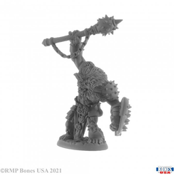 unpainted Bhonk, Bugbear Chieftain miniature gaming figure holding a mace above his head and a shield in the other hand