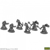 A pack of 6 Goblin Elites from the Bones USA Dungeons Dwellers range by Reaper Miniatures sculpted by Bobby Jackson. This pack contains six goblins two holding crossbows, two with bows and two with a mace  for your gaming table, diorama or RPG adventure.  