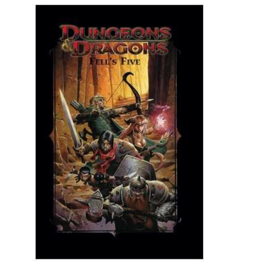Dungeons & Dragons: Fell's Five, a black book with the adventuring party in full colour on the front