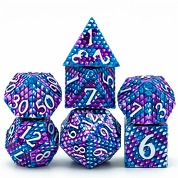 Dragon Scale White Purple Blue Metal Dice. These nice and weighty metal dice have a raised dragon scale pattern all over them in a light blue and purple colour with flecks of white and white  numbers. 