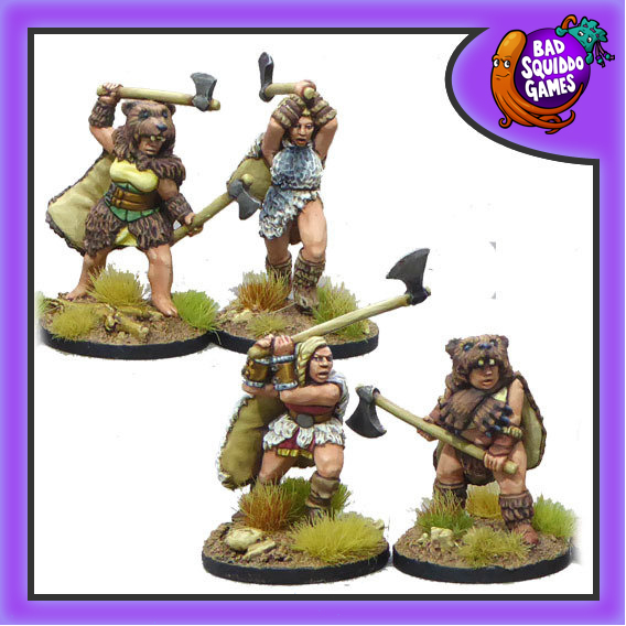 Shieldmaiden Berserkers from Bad Squiddo Games wearing pelts and carrying axes. 