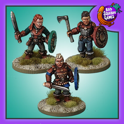 Bad Squiddo Games metal gaming figure, . Each female dwarf has a shield and two are carrying swords with the third holding an axe. 