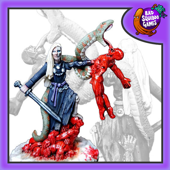 Bad Squiddo metal gaming miniature of Hel shown here holding a sword in one hand a flayed man in the other, she is half flesh and half rotting bone
