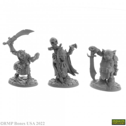 A pack of 3 Goblin Elites from the Bones USA Dungeons Dwellers range by Reaper Miniatures sculpted by Bobby Jackson. This pack contains three goblins two holding swords and one shaman with a skull topped staff
