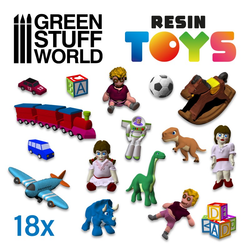 Children's toys in resin from Green Stuff World.,  Carefully design to imitate children's toys of different sizes and eras including dolls, dinosaurs, football and even a buzz lightyear style spaceman. 