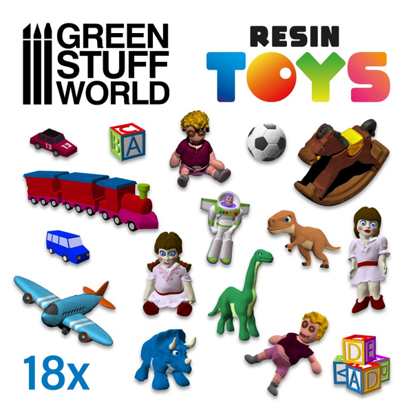 Children's toys in resin from Green Stuff World.,  Carefully design to imitate children's toys of different sizes and eras including dolls, dinosaurs, football and even a buzz lightyear style spaceman. 