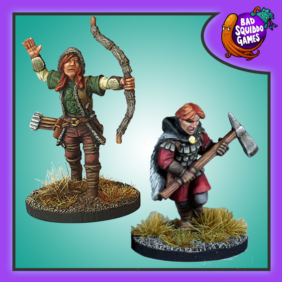 Female Fighter and Ranger by Bad Squiddo Games for your gaming table, player character, diorama and more. One carries a large axe and wears furs while the other in posed in a stance as if she has just fired her bow and wears her fir trimmed hood up.