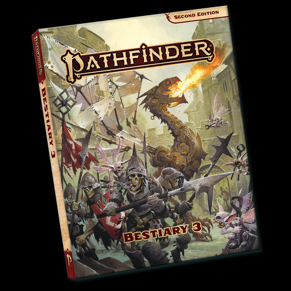 Pathfinder Bestiary 3 Second Edition cover art of fantasy creatures including clockwork dragon, skeleton and tooth fairies, with one tooth fairy extracting the tooth of a skeleton in the foreground.