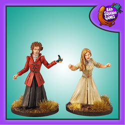 Bad Squiddo Games gaming figures. Victorian witches, the main witch who seems to be in charge holds a scorpion in her hand whether as a pet or part of a spell and the other is in a more dynamic stance as if under a spell herself