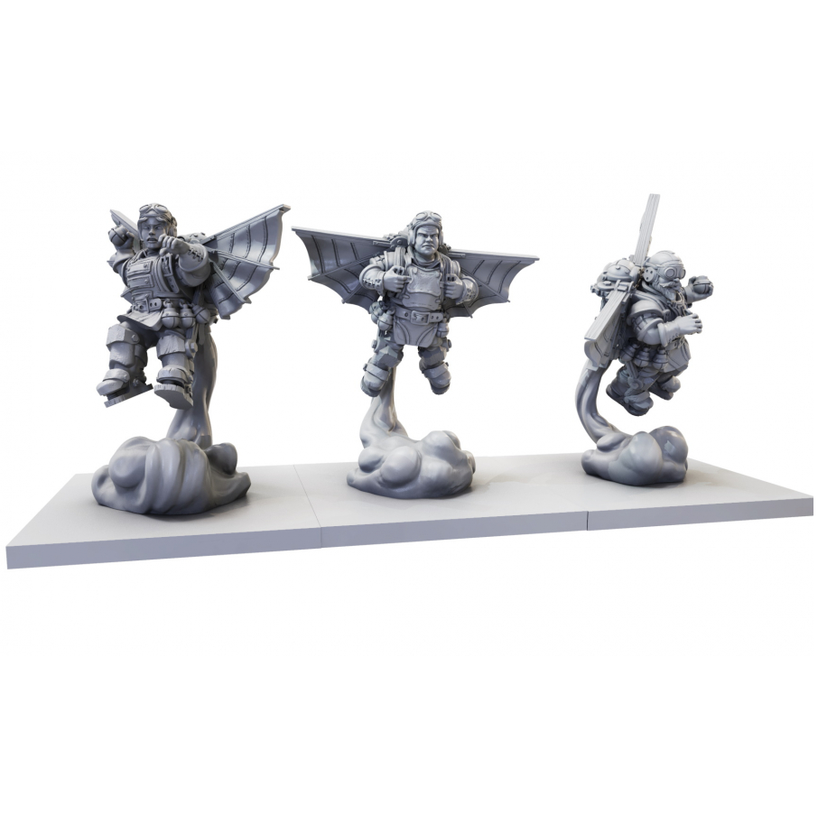 Halfling Ej Grenadiers Regiment for Kings of War by Mantic Games. This set of three miniatures are using mechanical flying machines 