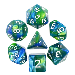 Elemental Bright blue green RPG D20 Dice set. Elemental two-tone dice in a swirling blue and green with easy to read white numbers