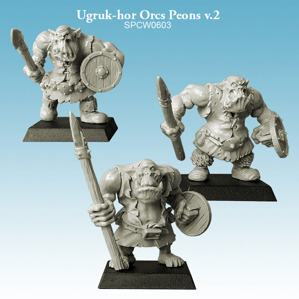 Version Two of the Ugruk-hor Orcs Peons by Spellcrow, a pack of 3 resin miniatures . Three fearsome looking Orcs with spear in one hand and a shield in the other.
