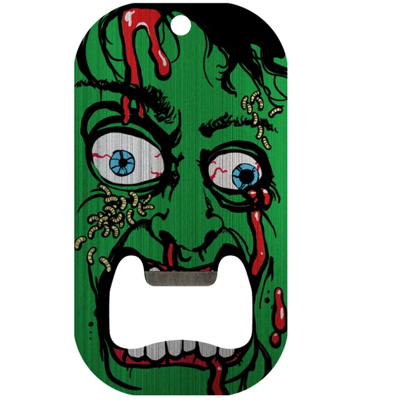his bottle opener features a green zombie with black hair, bloodshot eyes, maggots and blood