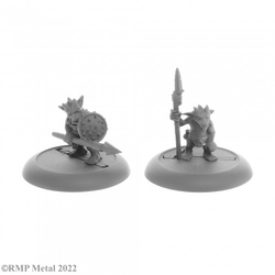 A pack of 2 Ratpelt Kobold Spearmen from the Dark Heaven Legends metal range by Reaper Miniatures. This pack contains two spearmen one holding a spear and shield in a defensive stance and the other standing with a spear upright. 