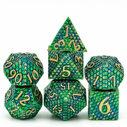 Dragon Scale Golden Blue Green Metal Dice. A set of 7 Dragon scale metal dice. These nice and weighty metal dice have a raised dragon scale pattern all over them in a green colour with flecks of blue and gold together with gold numbers