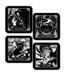 Set of four square monochrome coasters featuring The witch, The cauldron, The familiar and The faerie
