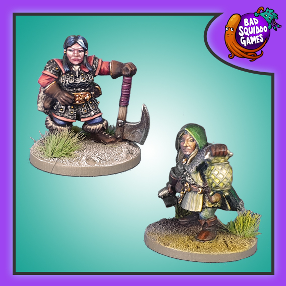 2 metal Minatures by Bad Squiddo Games depicting female dwarf captain resting her axe blade down on the ground and a female dwarf thief holding an axe by her side and a lantern out in front of her