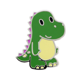 An extremely cute little enamel pin badge of a green dinosaur with pin spikes down its back and a yellow tummy