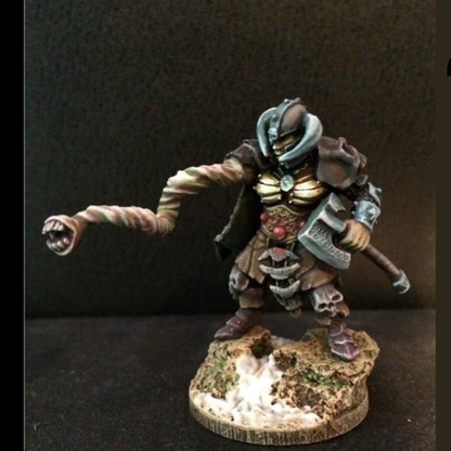 Adira Dark Champion by Bad Squiddo sculpted by Tim Prow. This very cool female warrior miniatures comes with options for assembly including a helmeted head or a ponytail head as well as the choice of tentacle arm or arm holding an axe to give you more freedom and detail on your gaming table.