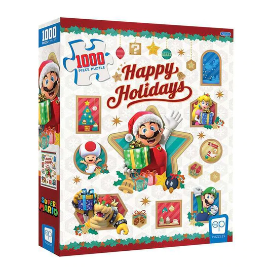 Super Mario Happy Holidays 1000 Piece Jigsaw Puzzle. Celebrate Christmas with everyone's favourite mushroom kingdom characters surrounded by a holiday theme in this jigsaw puzzle.