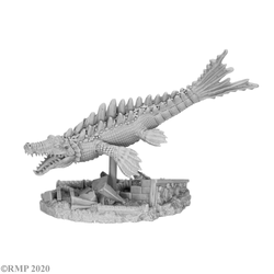 Reaper Miniatures Bones 5 gaming figure. This fantasy creature has the head and features of a crocodile while being combined with the tail and fins of a fish and spikes of a dinosaur