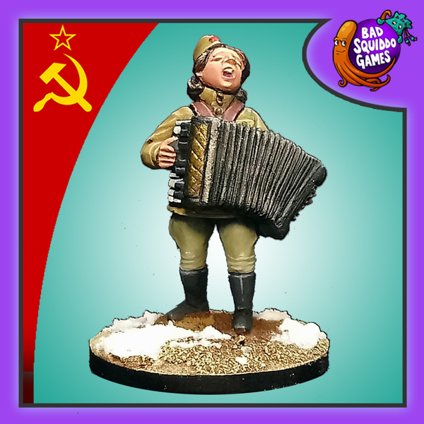 Soviet Musician is a metal miniature depicting a female soviet musician playing an accordion squeezebox from the women of world war 2 range by Bad Squiddo Games