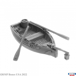 30057 Boat -Bones USA.  wooden boat with oars and a basket of fish 