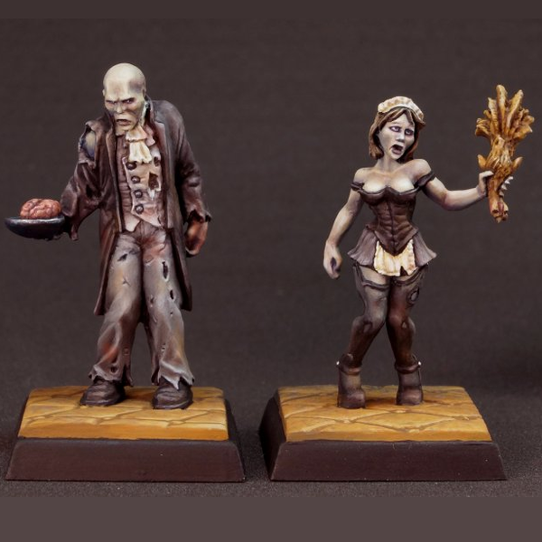hese two figures are zombie employees at the zombie hotel, one is a waiter serving brains and the other a maid, 04043 BARGLEMORE & CAMILLE. Reaper Miniatures gaming figures 