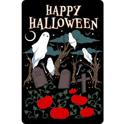 Happy Halloween Graveyard Small Tin Sign - Tell everyone Happy Halloween with this tin sign featuring a black background, pumpkins, gravestones, ghosts and the night sky.  