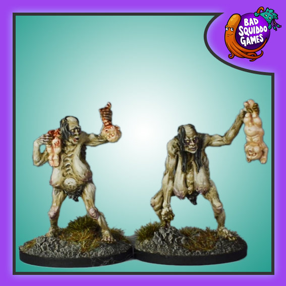 Bad Squiddo Ghoul Mothers metal gaming figures  two decaying creatures, both naked and holding their next meal in their hands
