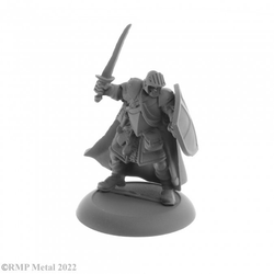 Baran Blacktree from the Dark Heaven Legends metal range by Reaper Miniatures sculpted by Bobby Jackson.  A metal fighter miniature holding a sword and a panel shield wearing armour for your gaming table and RPG.