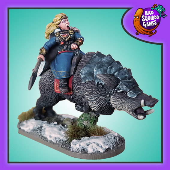 Bad Squiddo Games resin gaming figure. Freyja the Norse goddess riding on Hildisvíni her mighty boar