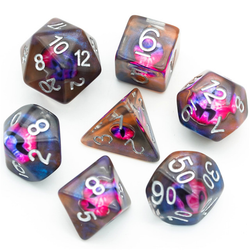 These poly dice have an orange and blue shimmering base bed colour, white numbers and a bright pink and blue demon eye inside each one