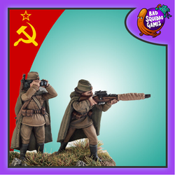 Female Soviet Sniper Team  in a Standing stance by Bad Squiddo Games, one holds binoculars and one is ready with her rifle. Painted gaming miniature 