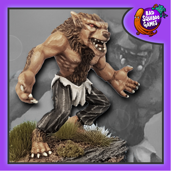 Sandor is a metal miniature of a werewolf from Bad Squiddo Games, in a traditional stance with the torn remnants of his shirt around his waist, trousers on, arms out to his side with his palms raised and mouth slightly open