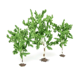 Gaugemaster Birch Trees for your scale model railway, dioramas and gaming tables, with green foliage and distinct white and brown patterning to the thin trunks representing a birch tree. 