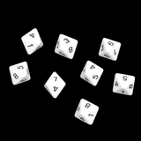 eight white dice with black numbers and eight sides (D8)