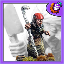 Olive Ogre Crone - BFM018 by Bad Squiddo Games, shown here painted with a red scalf on her head and holding a staff