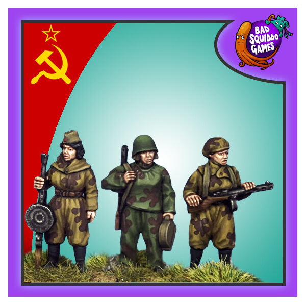 Female Soviet scouts from bad squiddo games. This image has the soviet flag in one corner and the bad squido logo in the other. a light machine gun carrier and her loader as well as another scout armed with a submachine gun, they are wearing summer amoeba suits being a jacket, trousers and cover for the helmet. These figure are in a standing position, one figure wears the cover up over her helmet and the others have it down.
