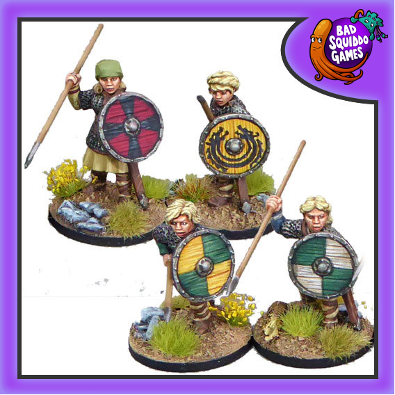 Shieldmaiden Hearthguard with Spears from Bad Squiddo Game carrying shields and spears