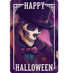 Happy Halloween Skeleton Small Tin Sign- A sophisticated purple pallet sign featuring a dapper looking skeleton in a top hat and bow tie tipping his hat as he wishes you a Happy Halloween. 